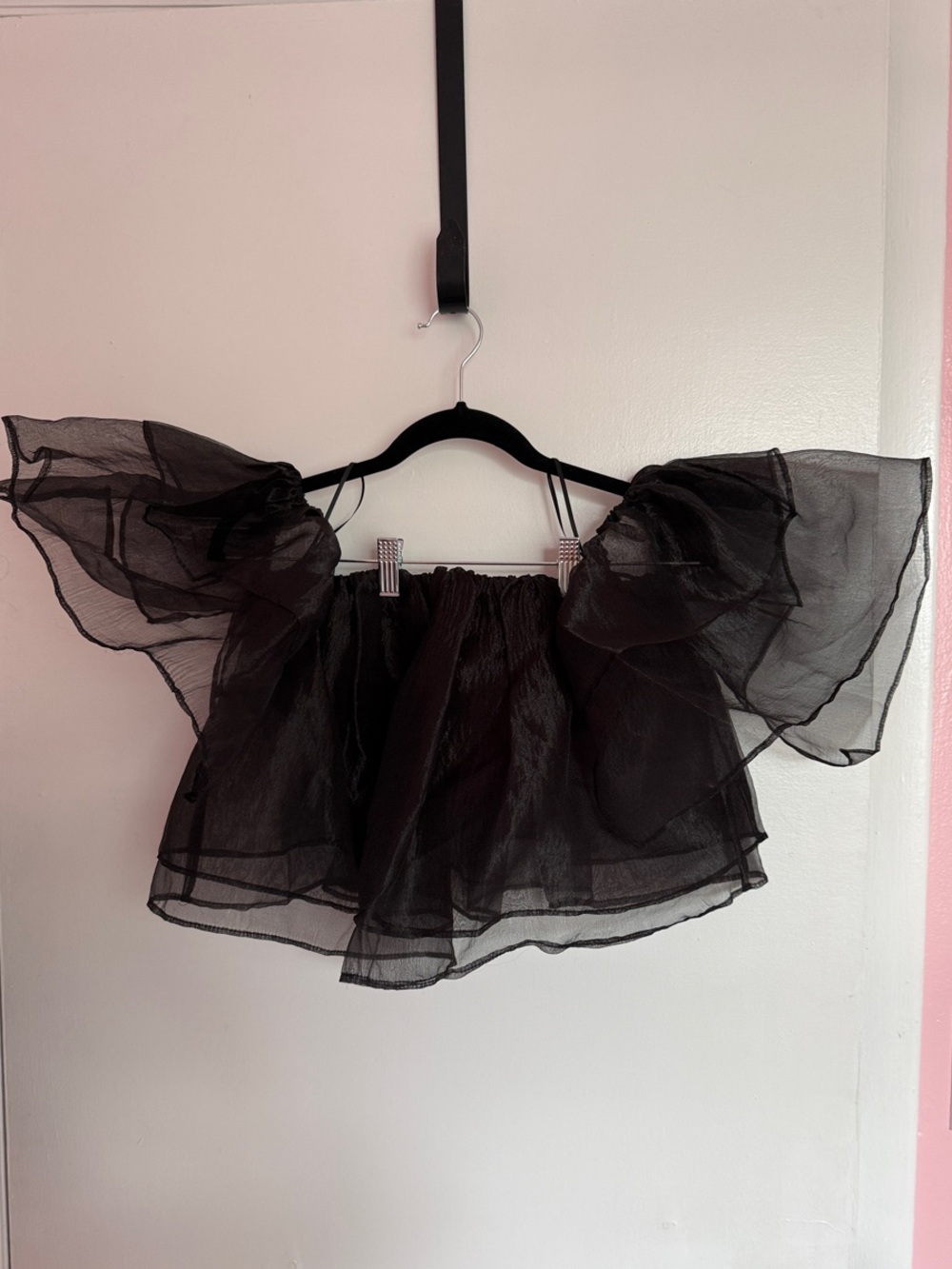 Miou Muse Black Textured Off-Shoulder Top